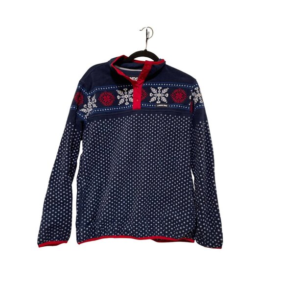 Lands End Fleece Pullover With Snowflake Pattern Navy & Red Size L - Picture 2 of 6